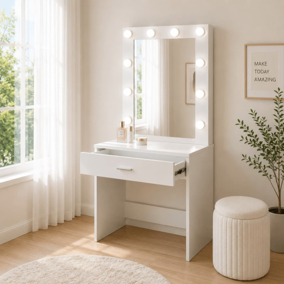 Toucador de maquilhagem Hollywood 70 cm com espelho LED e gaveta espaçosa, design moderno