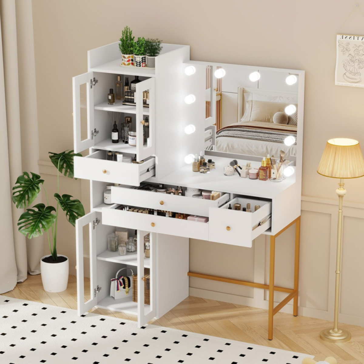Conjunto de maquilhagem branco com espelho LED Hollywood de corpo inteiro para salão