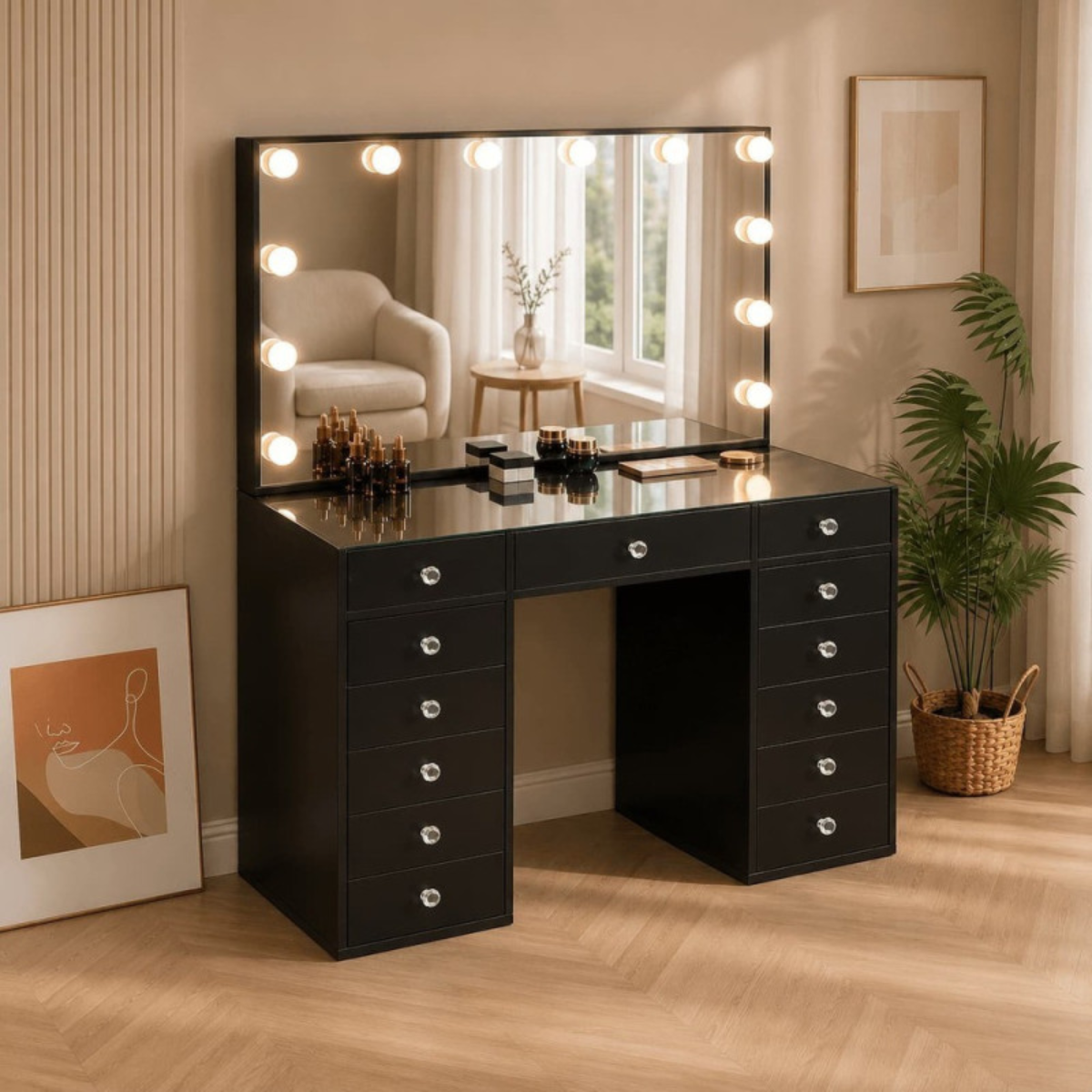 Mesa Toucador de Maquilhagem com Tampo de Vidro Transparente e Espelho LED Hollywood 120cm