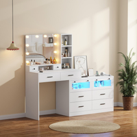 Toucador de maquilhagem XL branco com espelho LED, 10 gavetas e módulo de arrumação