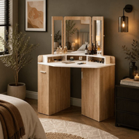 Toucador de canto com espelho tríptico, penteadeira branco natural para quarto e salão