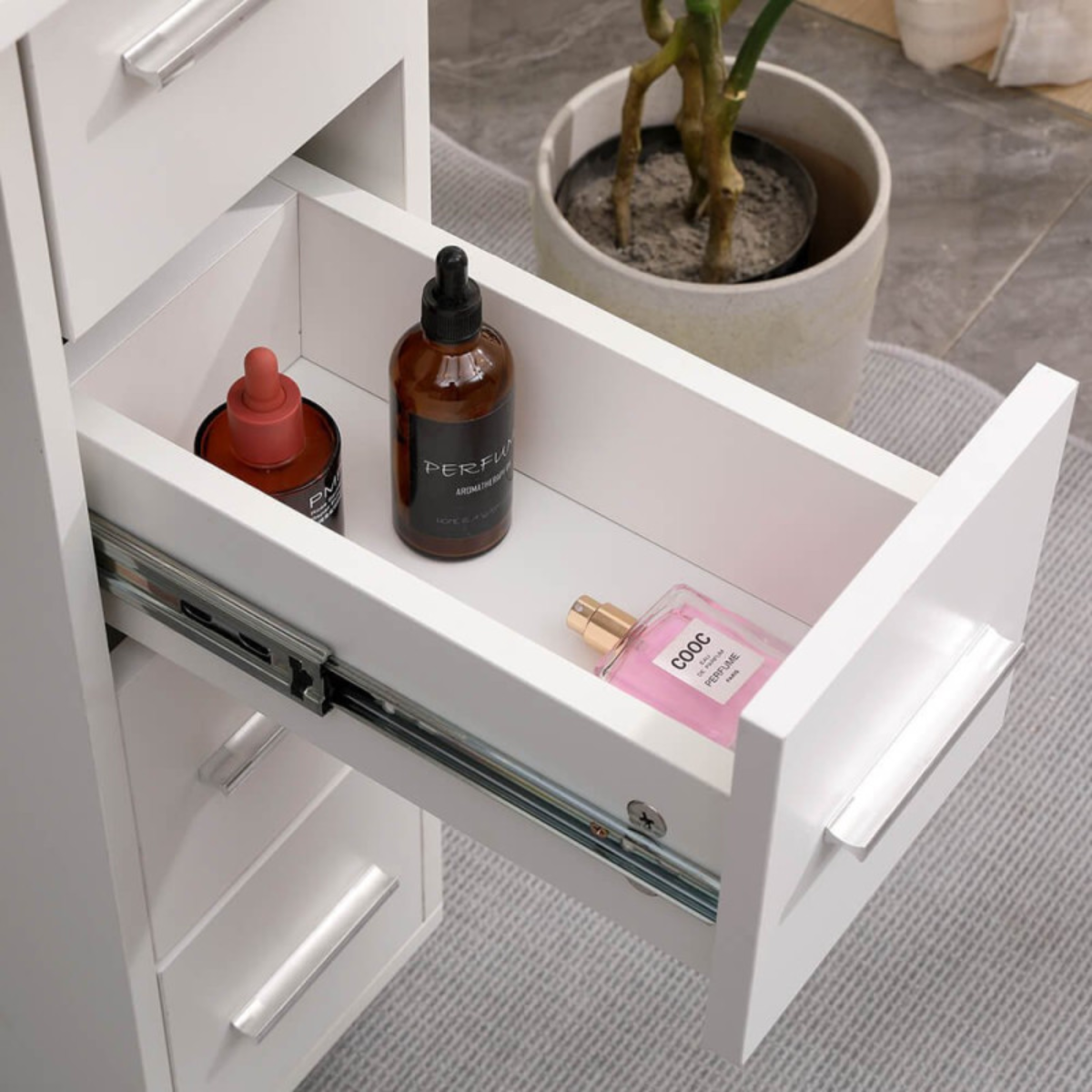 Mesa de manicure profissional branca 120 cm com 4 gavetas e armário para estúdio de unhas