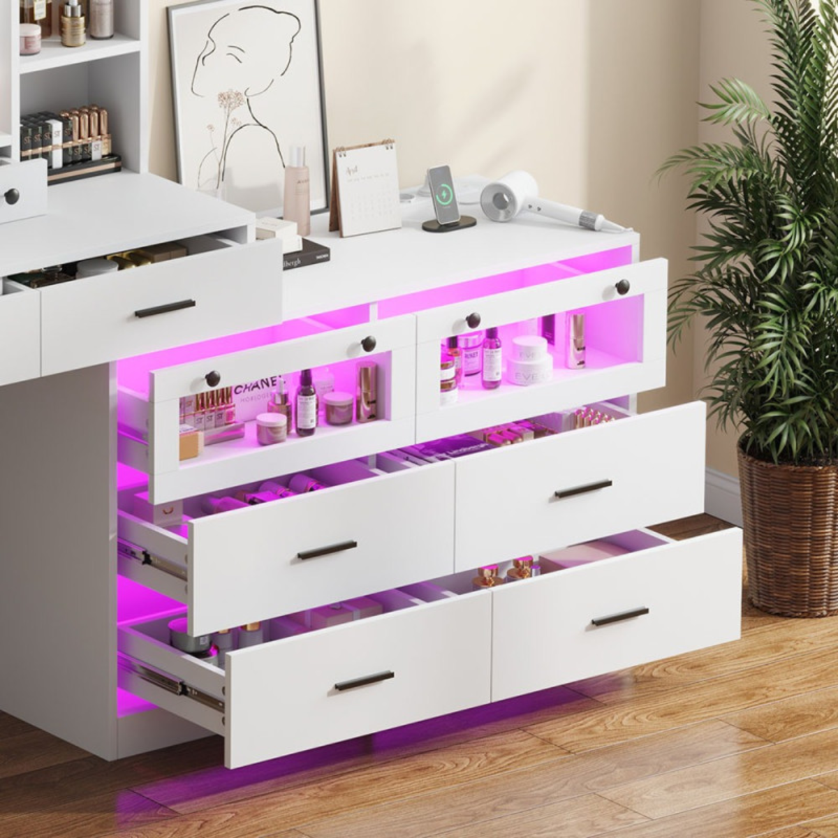 Toucador de maquilhagem XL branco com espelho LED, 10 gavetas e módulo de arrumação