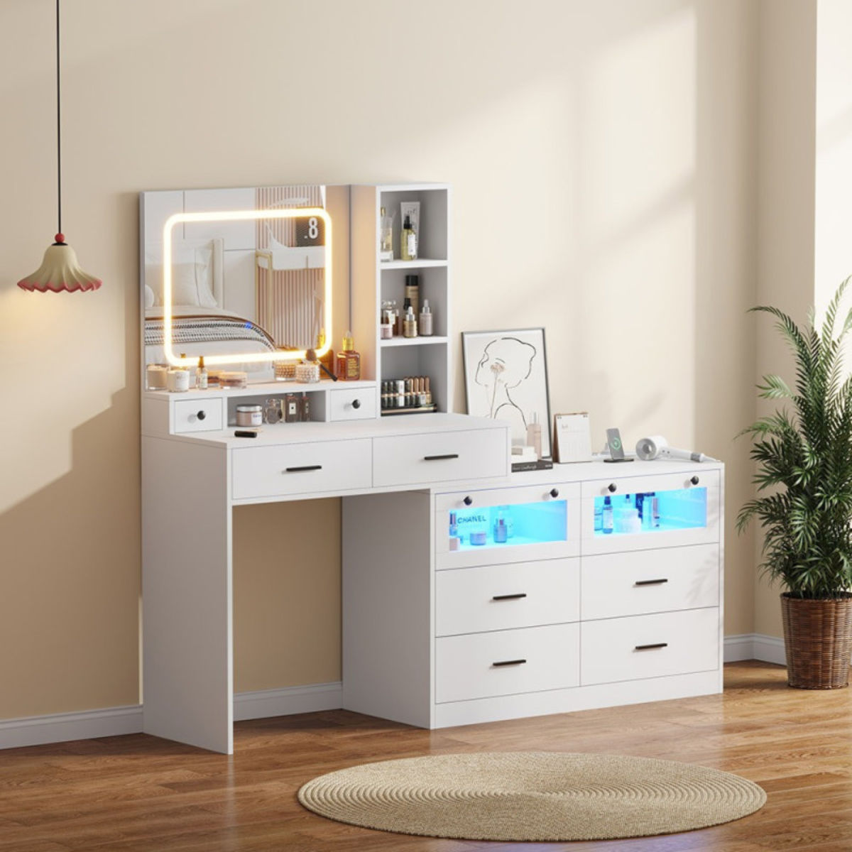 Penteadeira XL com espelho LED e gavetas iluminadas para maquilhagem e salão de beleza