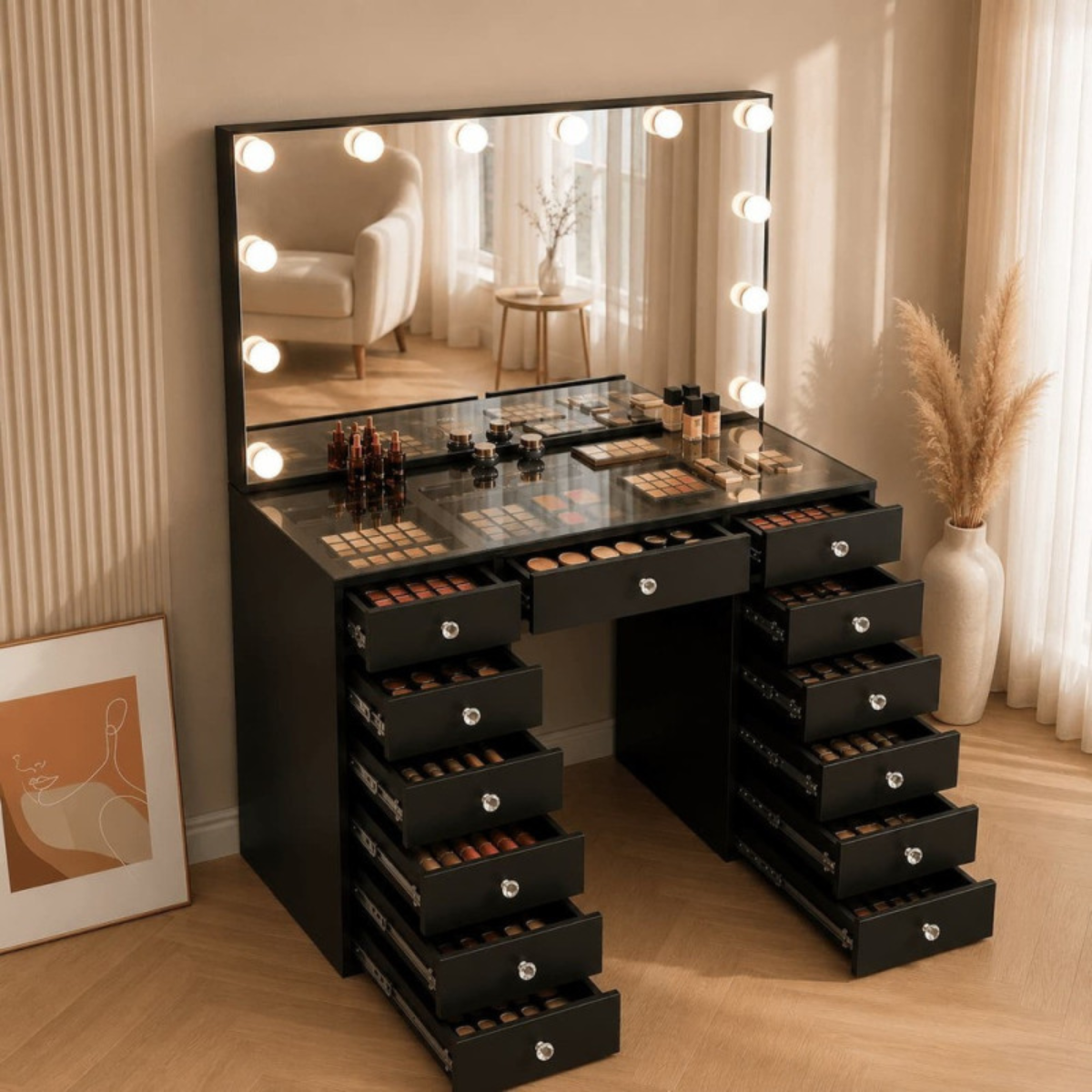 Mesa Toucador de Maquilhagem com Tampo de Vidro Transparente e Espelho LED Hollywood 120cm