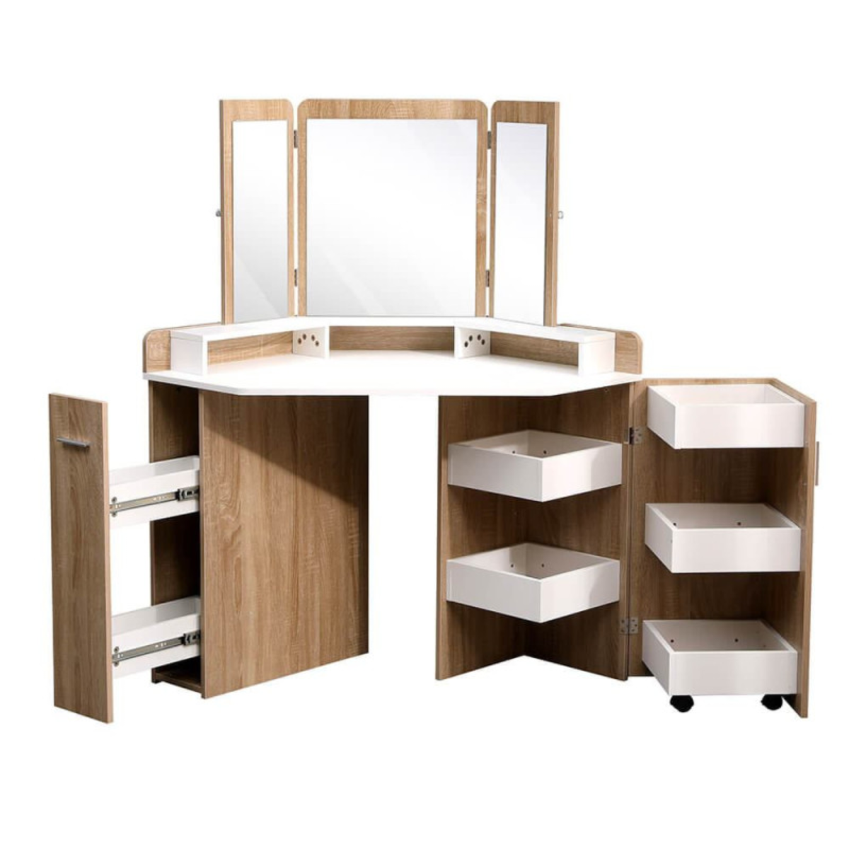 Toucador de canto com espelho tríptico, penteadeira branco natural para quarto e salão