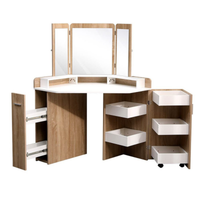Toucador de canto com espelho tríptico, penteadeira branco natural para quarto e salão