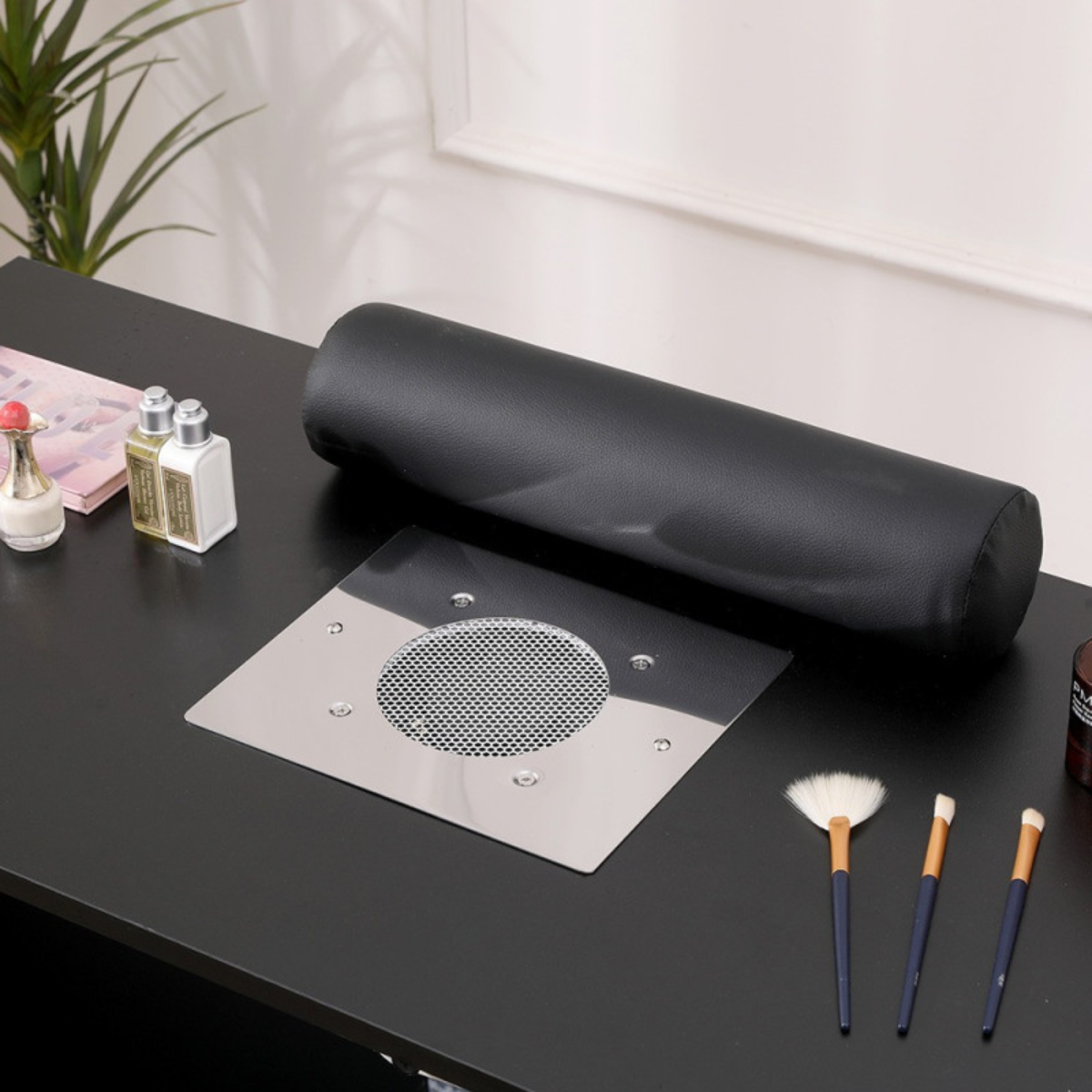 Mesa de manicure profissional 120 cm preto e prata com aspirador de pó para unhas