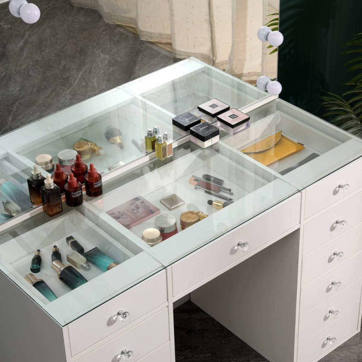 Mesa Toucador de Maquilhagem Branca com Tampo de Vidro Transparente e Espelho LED Sem Moldura Hollywood 120cm