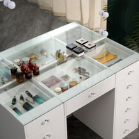 Mesa Toucador de Maquilhagem Branca com Tampo de Vidro Transparente e Espelho LED Sem Moldura Hollywood 120cm