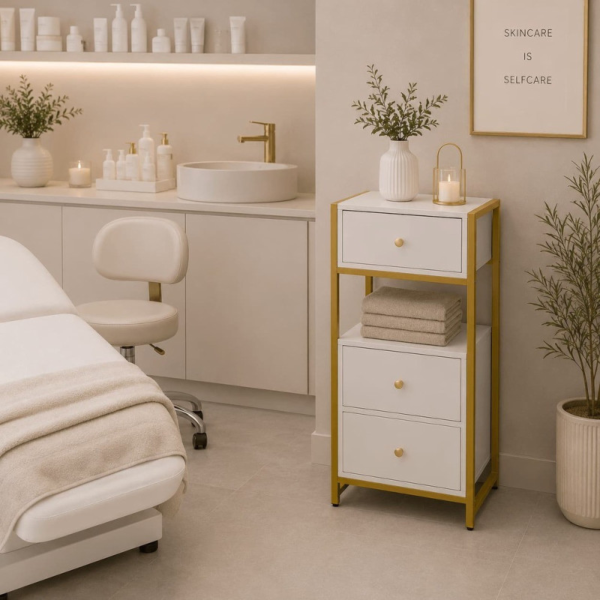 Mesa auxiliar organizadora branco e dourado com 3 gavetas para quarto, casa de banho e salão