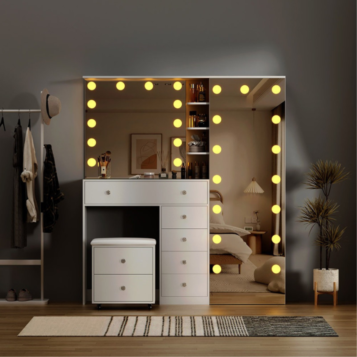Toucador Hollywood branco 160 cm com espelho LED de corpo inteiro, 7 gavetas e banco com rodas