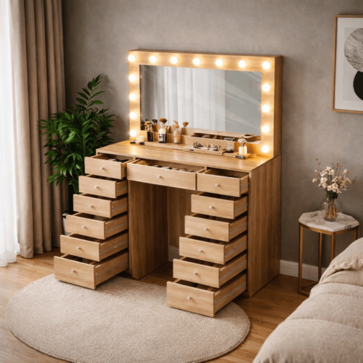 Toucador Maquilhagem Hollywood 120cm LED 13 Gavetas / Hollywood Makeup Vanity Table 120cm with Clear Glass Top Full Frame LED Mirror 13 Spacious Drawers