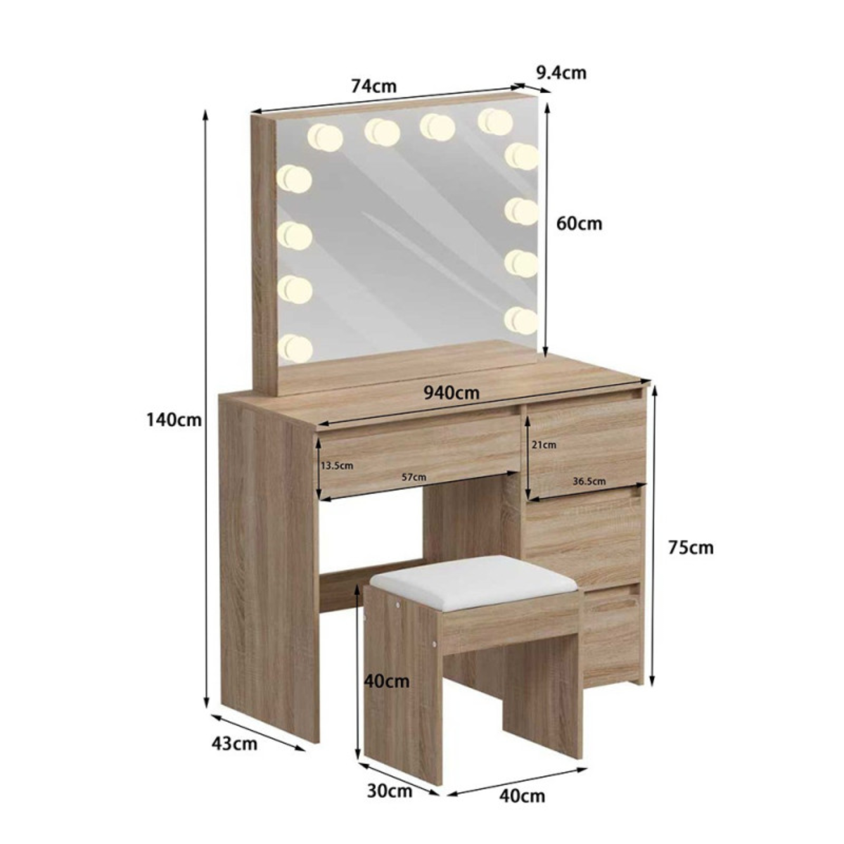 Toucador de Maquilhagem em Cor Madeira com Espelho Hollywood LED