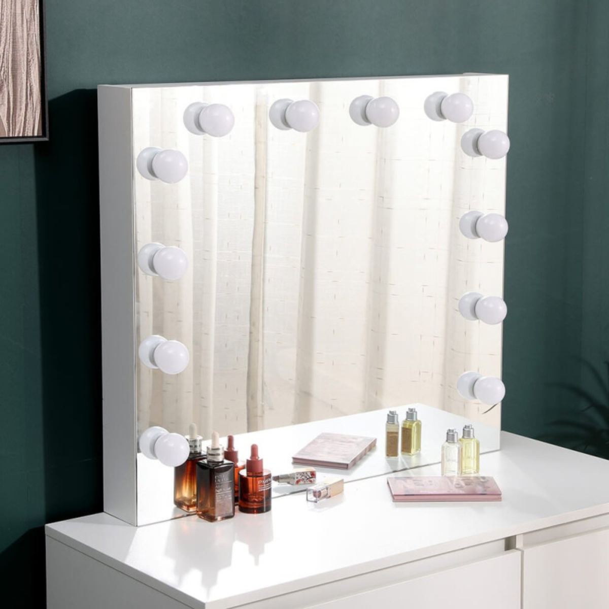 Toucador de maquilhagem Hollywood branco 94 cm com espelho LED emoldurado e 4 gavetas