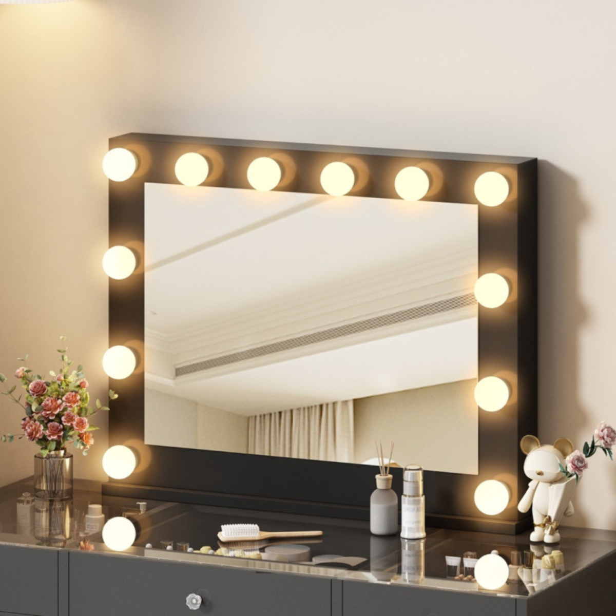 Toucador de Maquilhagem Hollywood 160 cm com Espelho LED Emoldurado, Espelho Parcial com Arrumação e Banco – Preto
