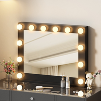 Toucador de Maquilhagem Hollywood 160 cm com Espelho LED Emoldurado, Espelho Parcial com Arrumação e Banco – Preto