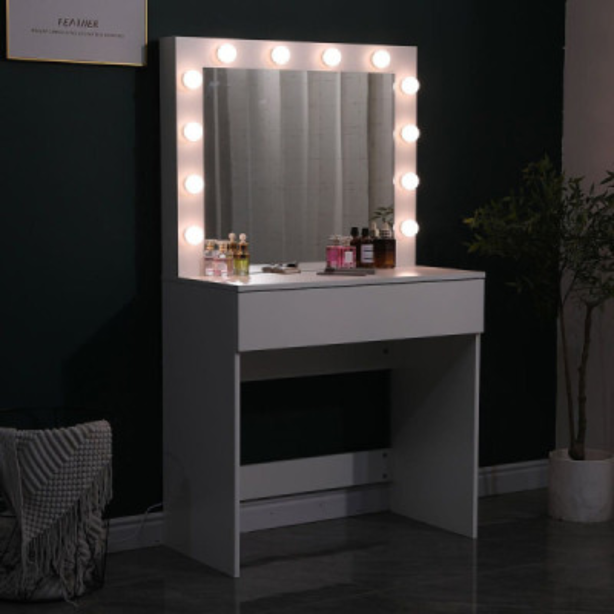 Toucador de maquilhagem Hollywood branco 80 cm com espelho LED e gaveta grande