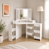 Toucador de canto com espelho tríptico branco, penteadeira para quarto e salão de beleza