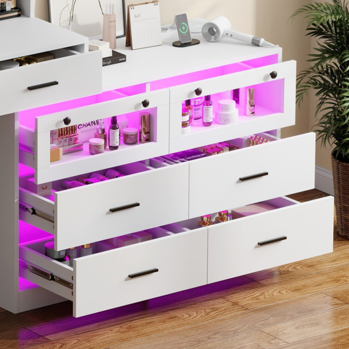 Penteadeira XL com espelho LED e gavetas iluminadas para maquilhagem e salão de beleza
