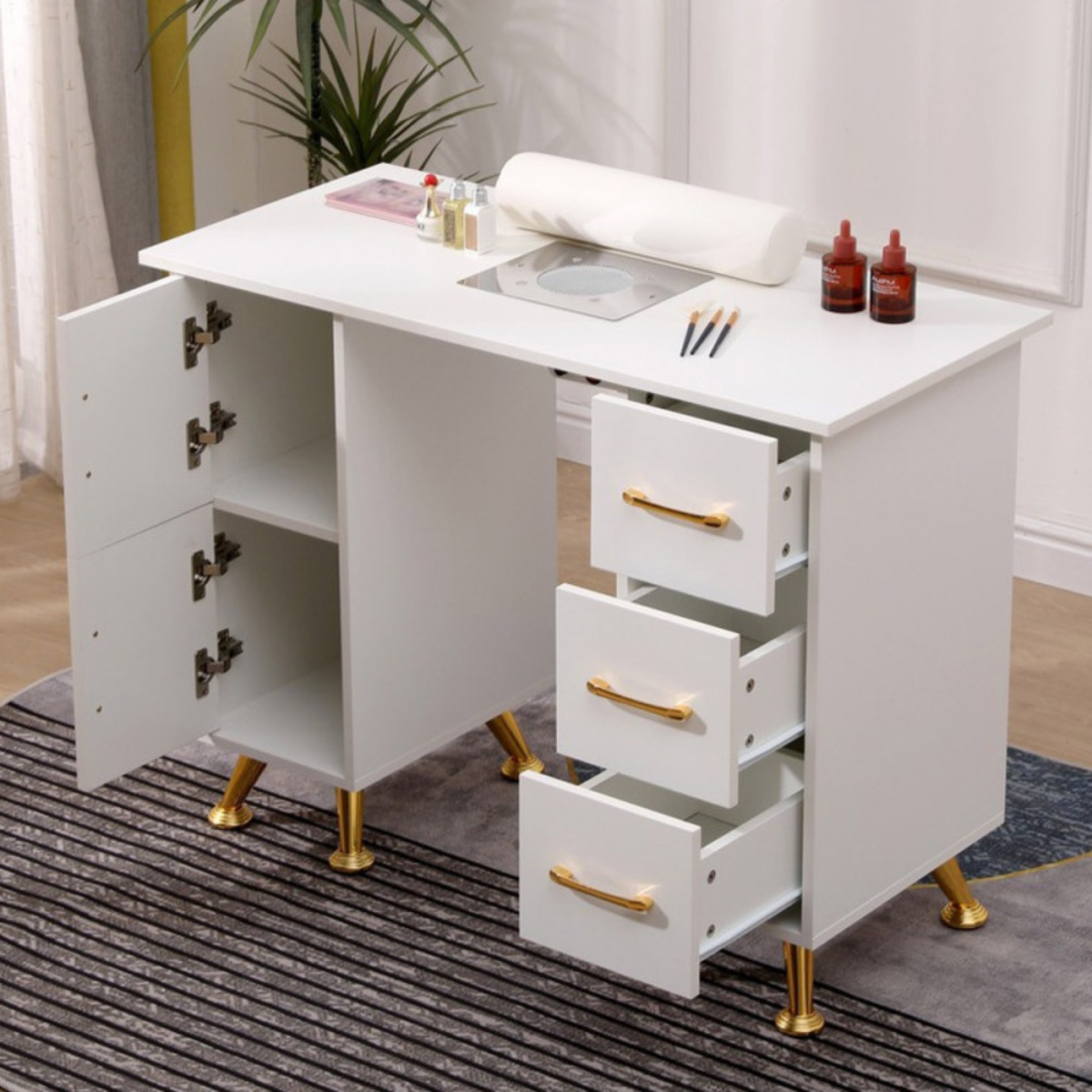 Mesa de manicure profissional 120 cm branco e dourado com aspirador de pó para unhas