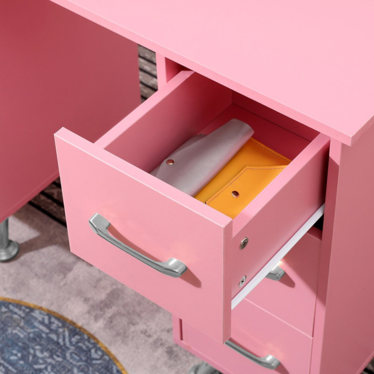 Mesa de manicure 120 cm rosa e prata com aspirador de pó embutido e almofada de apoio
