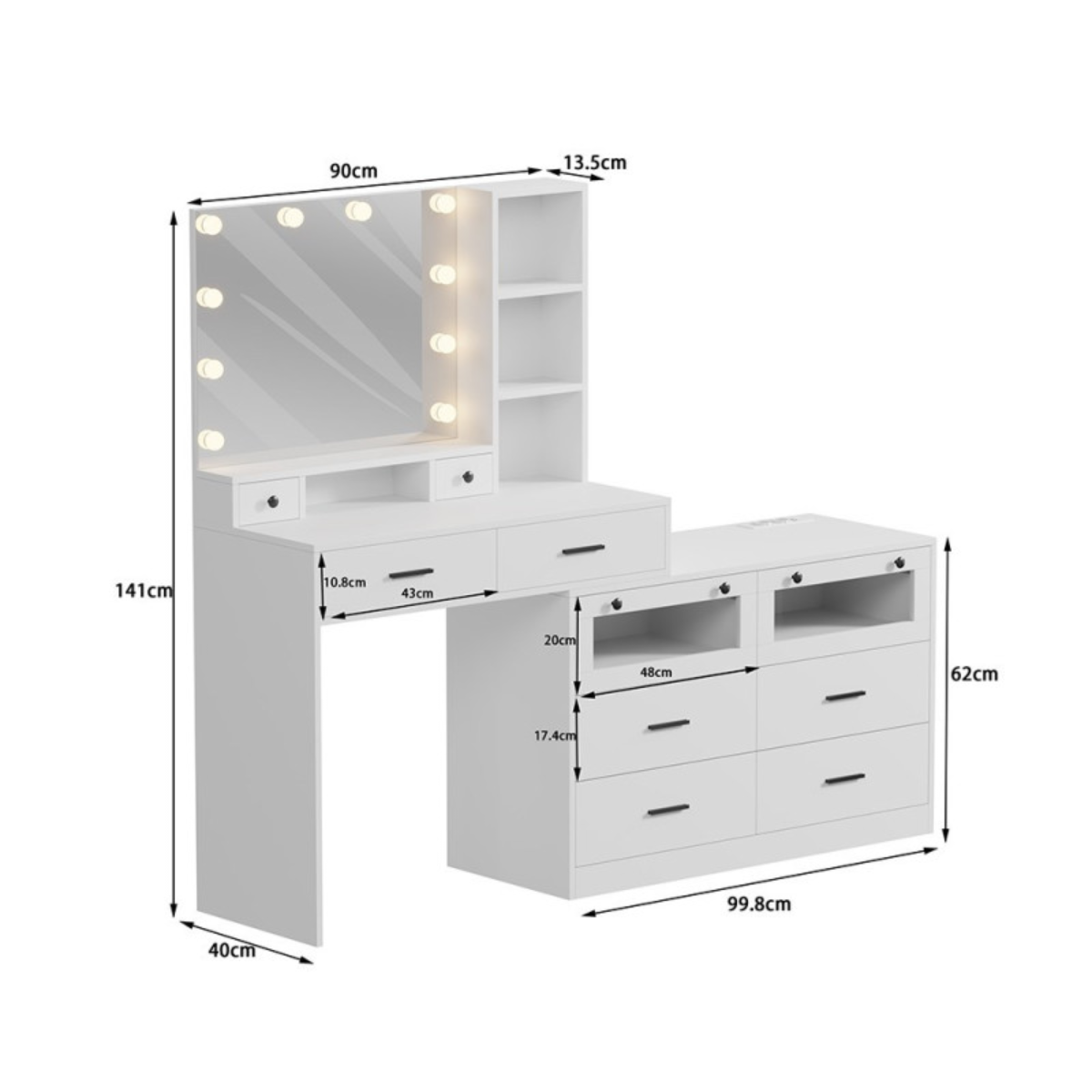 Toucador de maquilhagem XL branco com espelho LED, 10 gavetas e módulo de arrumação
