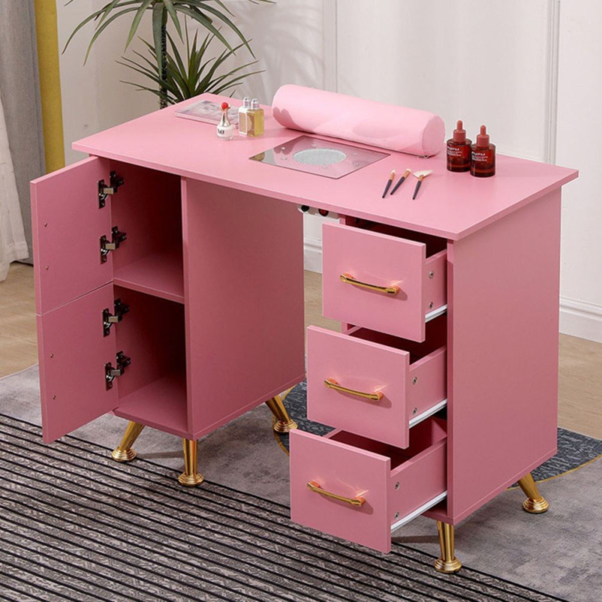 Mesa de manicure profissional 120 cm rosa e dourado com aspirador de pó para unhas