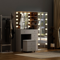 Toucador Hollywood branco 160 cm com espelho LED de corpo inteiro, 7 gavetas e banco com rodas
