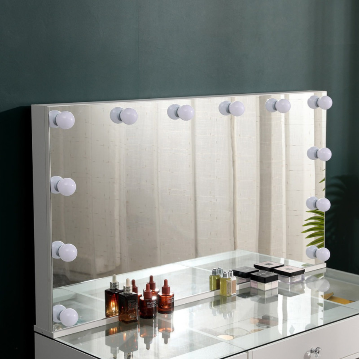 Mesa Toucador de Maquilhagem Branca com Tampo de Vidro Transparente e Espelho LED Sem Moldura Hollywood 120cm