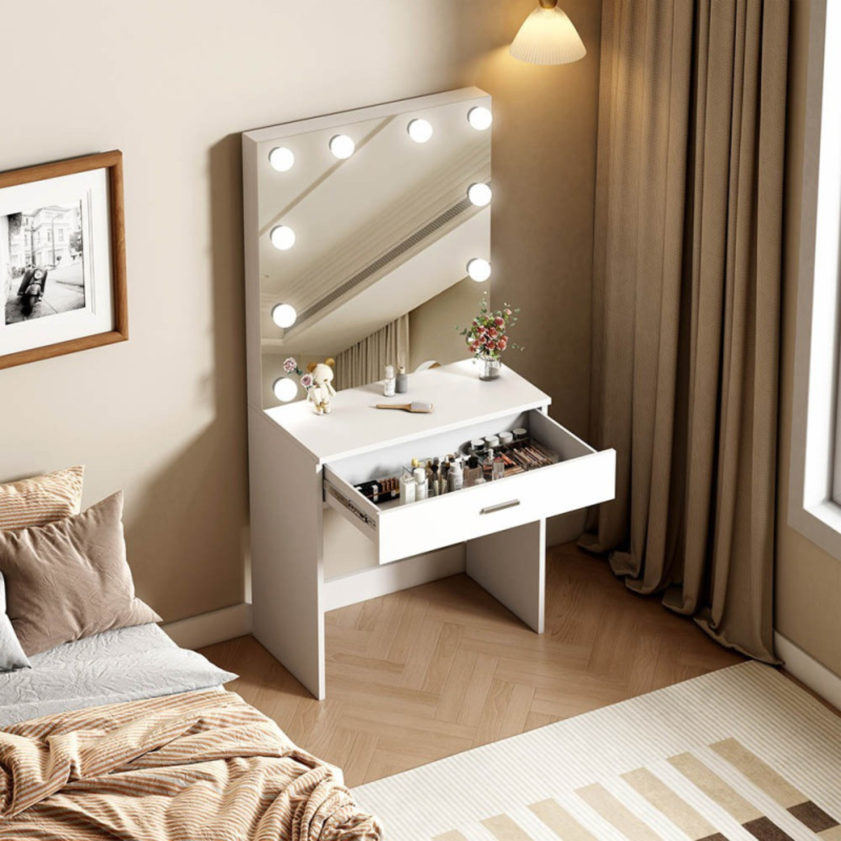 Toucador compacto branco 70 cm com luzes LED estilo Hollywood e 1 gaveta