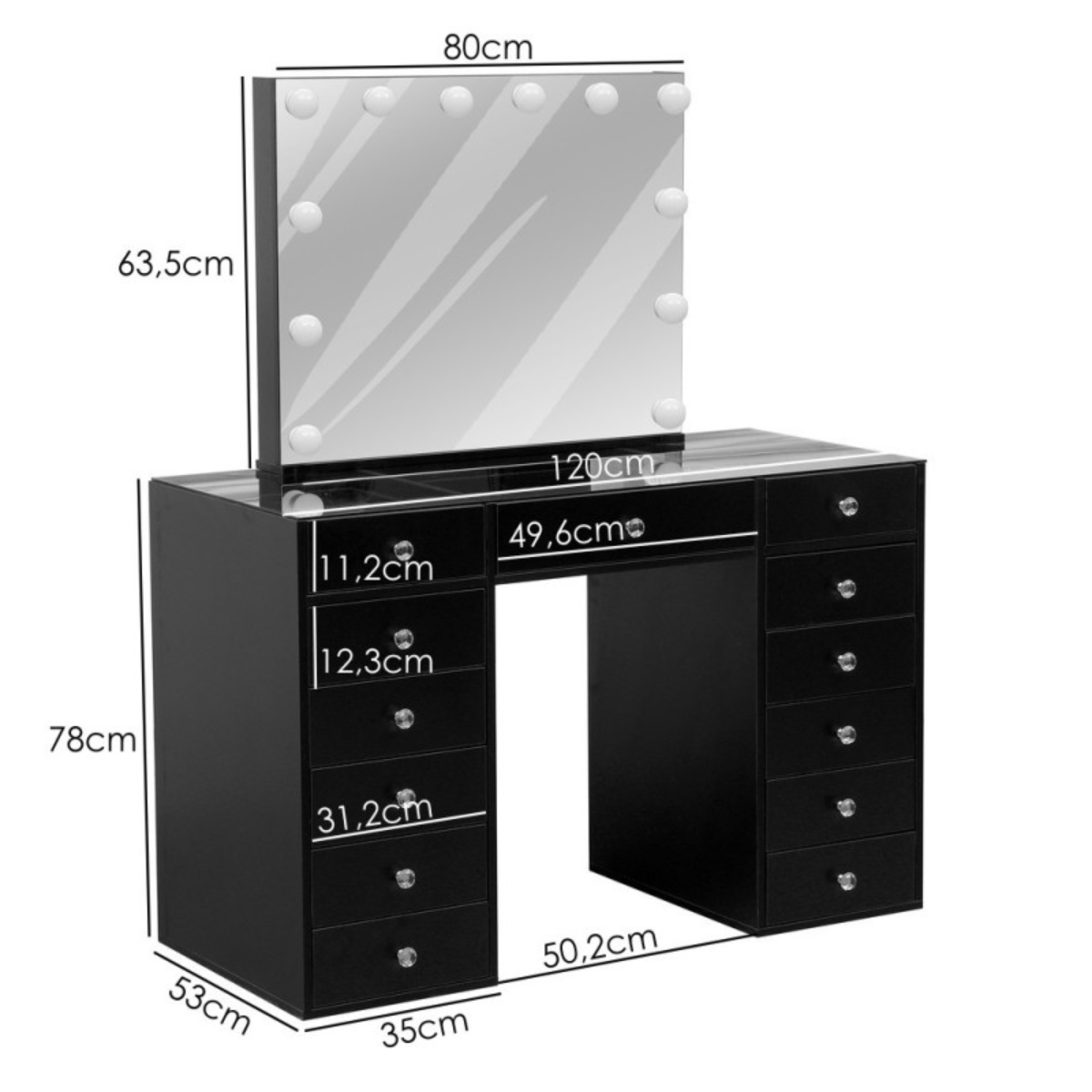 Toucador de maquilhagem Hollywood 120 cm com tampo de vidro, espelho LED e 13 gavetas