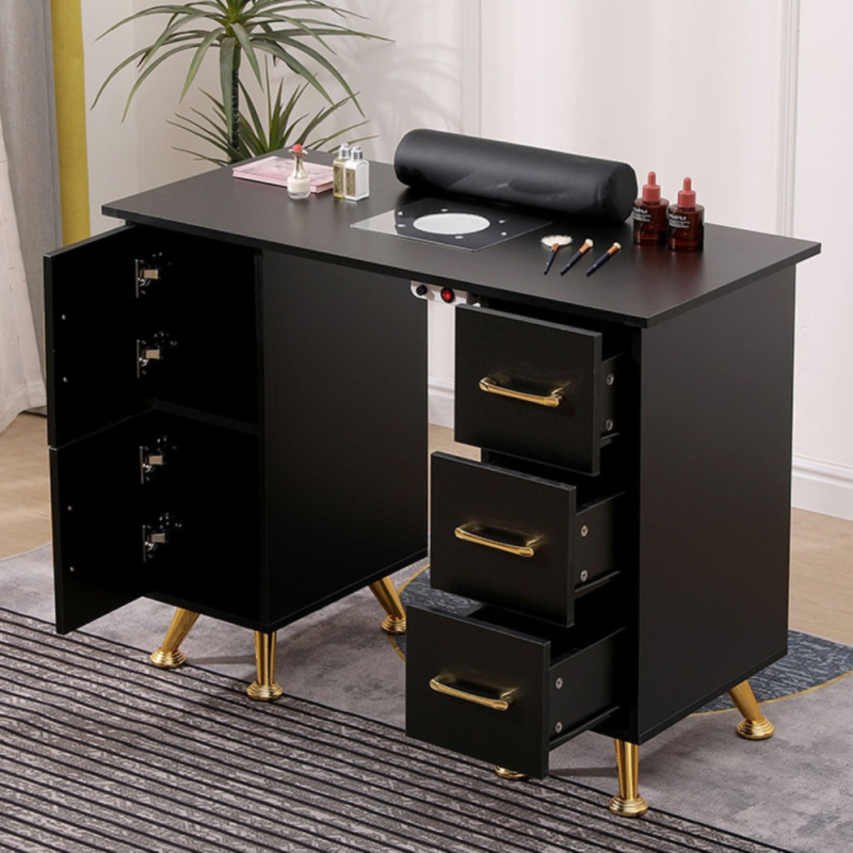 Mesa de manicure profissional 120 cm preto e dourado com aspirador de pó para unhas