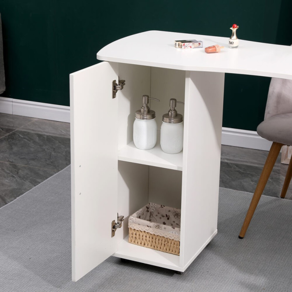 Mesa de manicure profissional branca 120 cm com 4 gavetas e armário para estúdio de unhas
