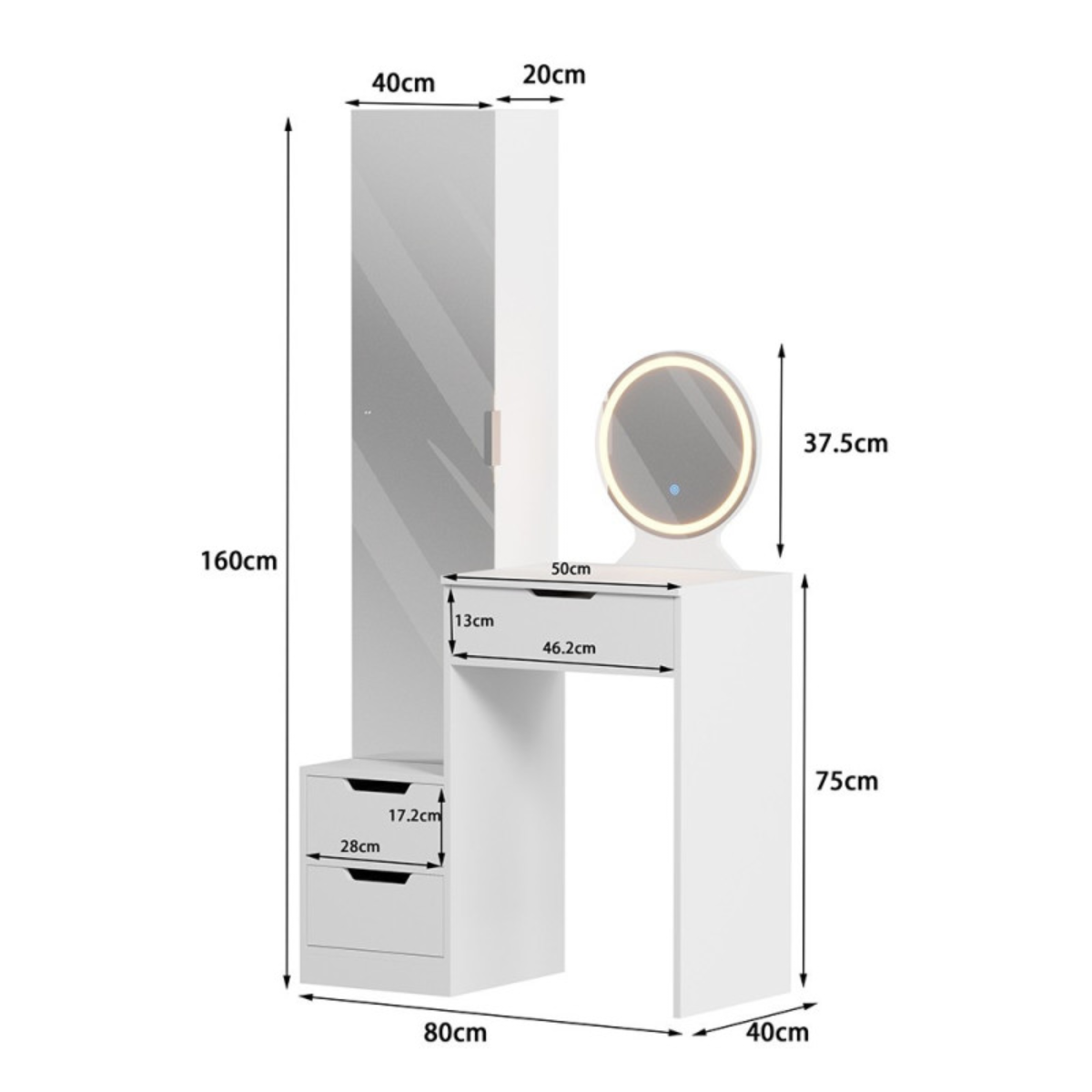 Toucador de maquilhagem de luxo 160 cm com espelho duplo LED e gavetas para salão