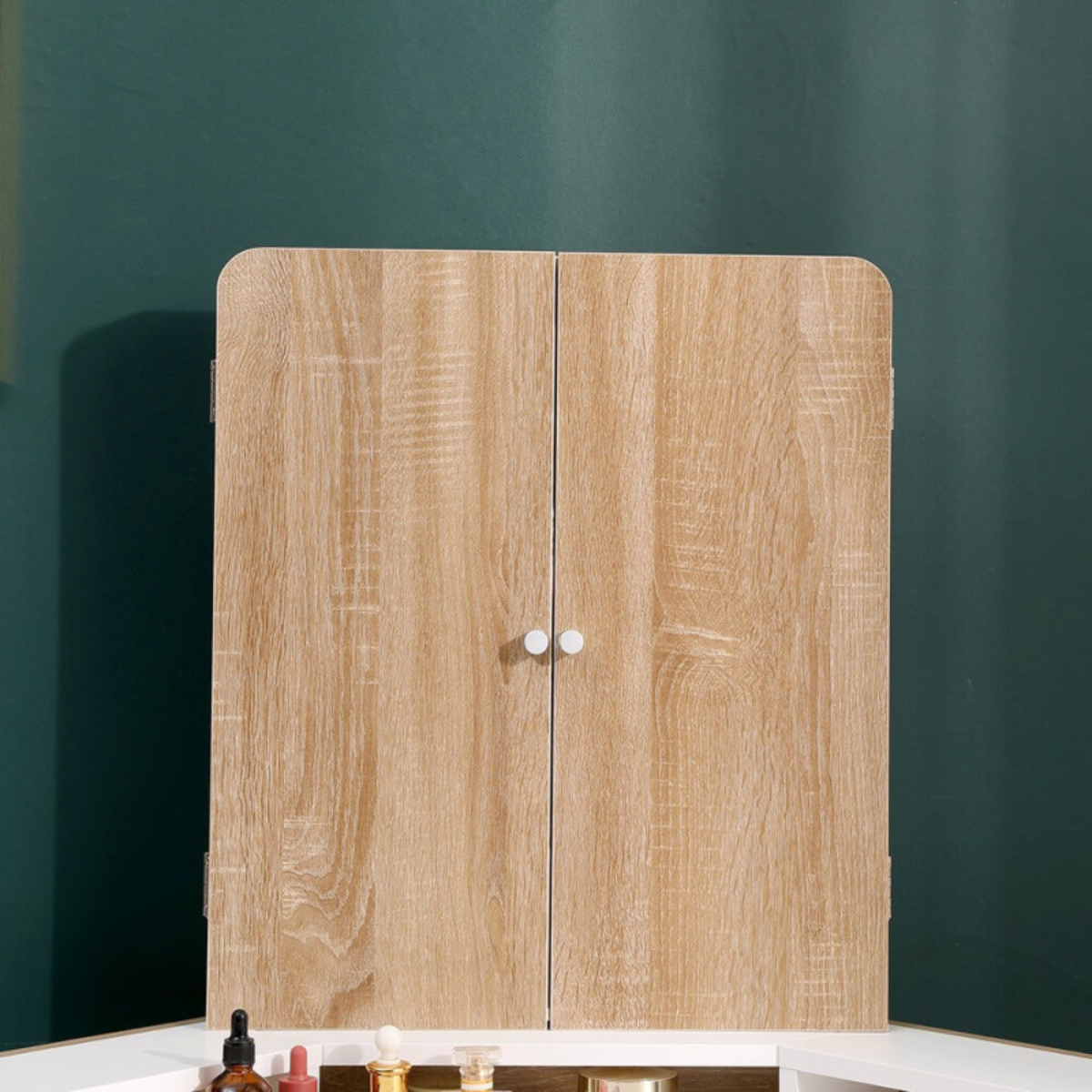Toucador de canto com espelho tríptico, penteadeira branco natural para quarto e salão