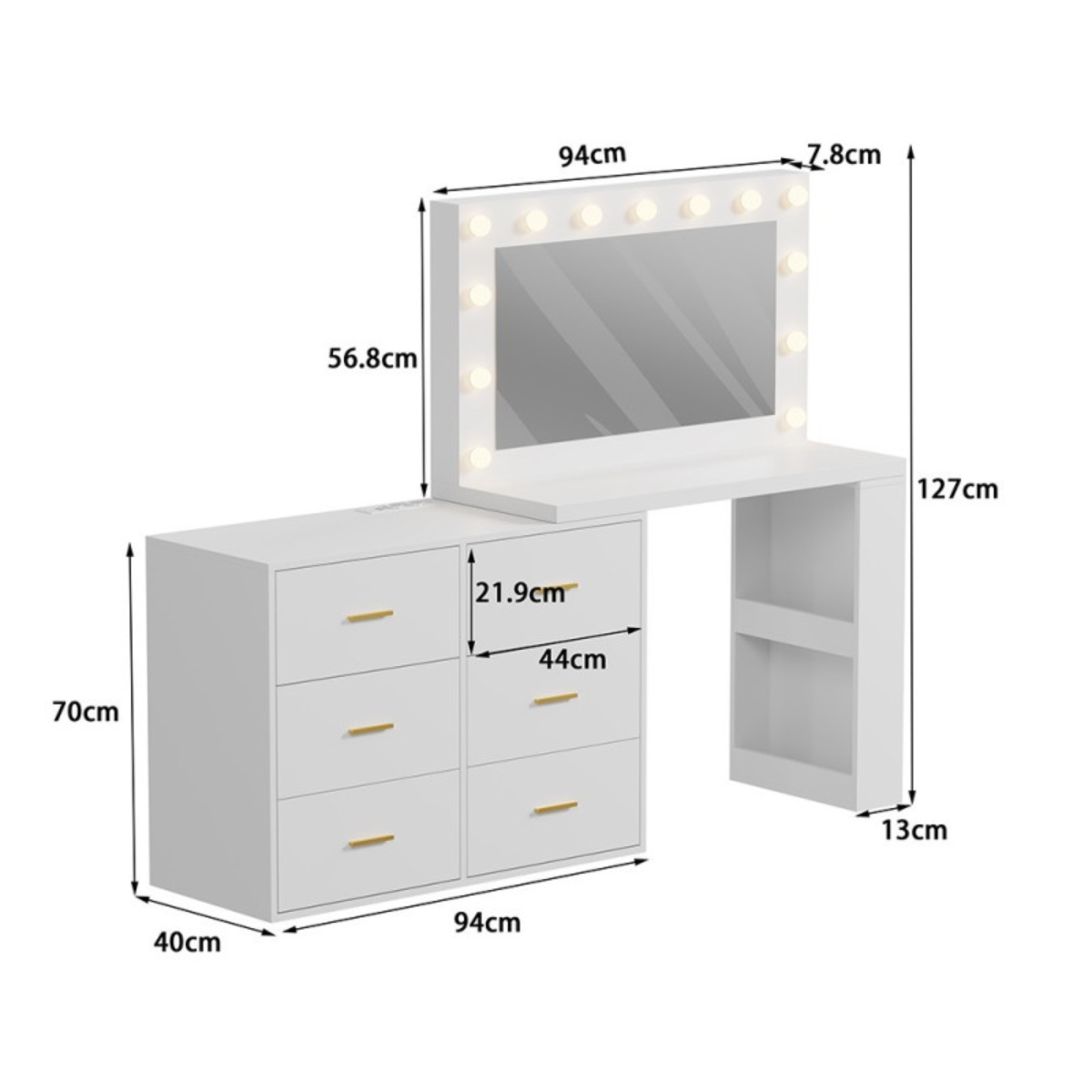 Conjunto de maquilhagem XL branco com espelho LED Hollywood para salão de beleza