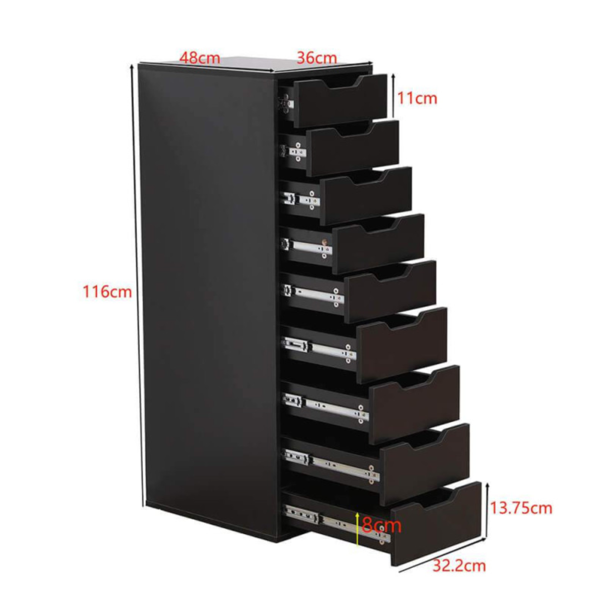 Móvel Organizador com 9 Gavetas Preto 116x36x48 cm para Casa e Salões de Cabeleireiro/Estética)