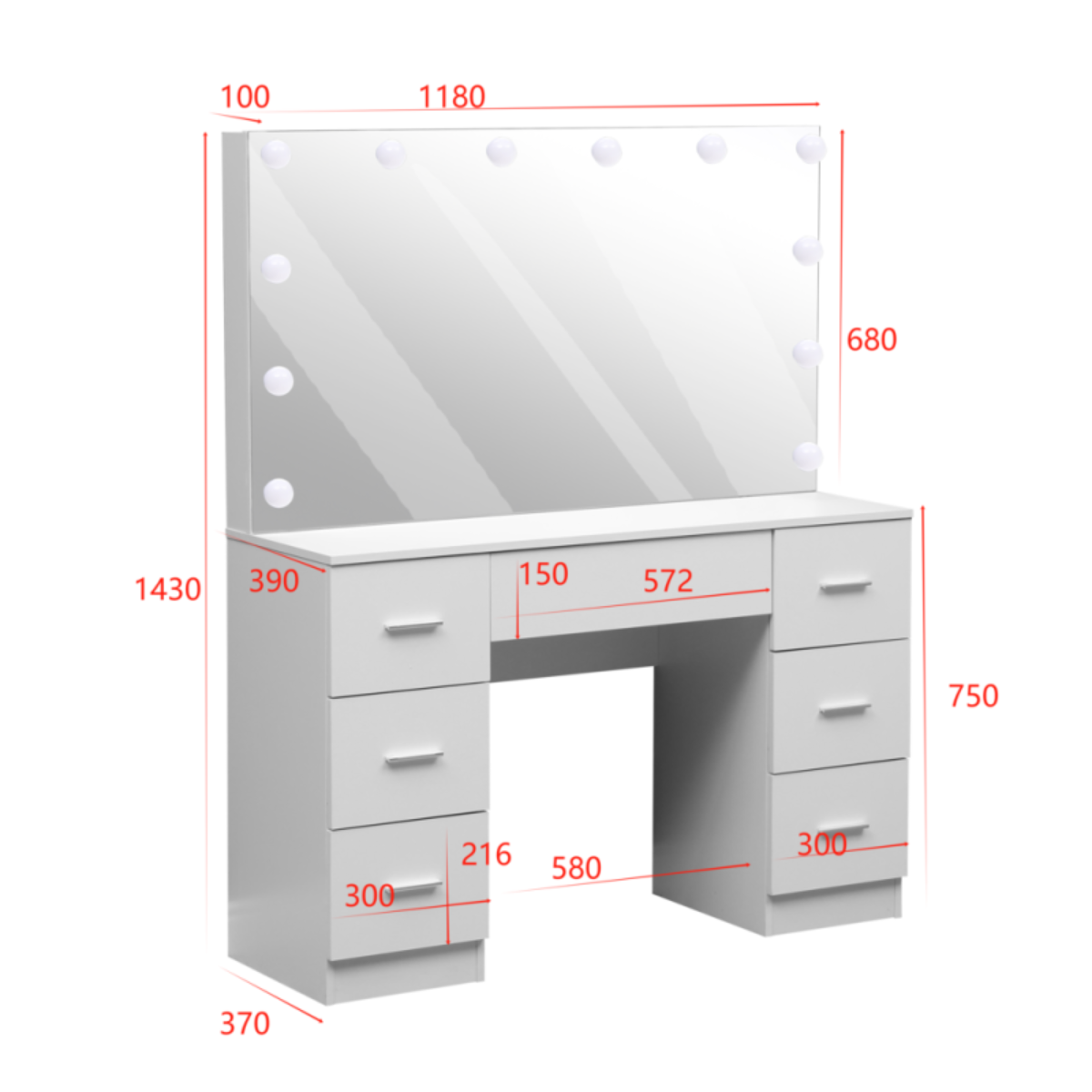 Toucador de Maquilhagem Hollywood 118 cm com Espelho Sem Moldura LED, 6 Gavetas– Branco