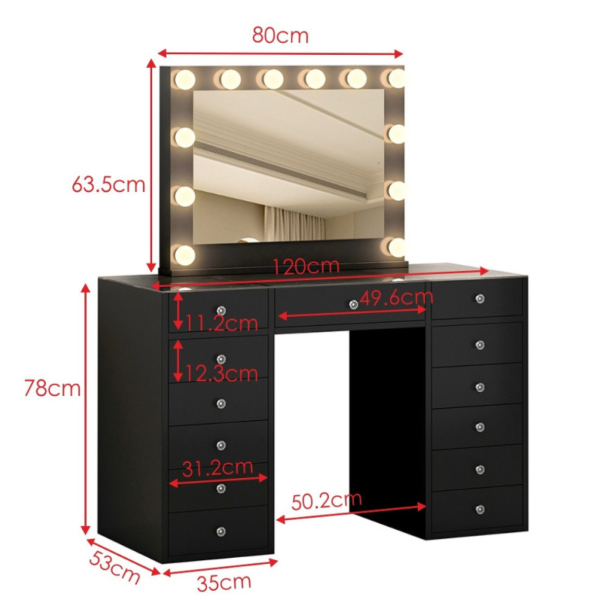 Toucador de Maquilhagem Hollywood 160 cm com Espelho LED Emoldurado, Espelho Parcial com Arrumação e Banco – Preto