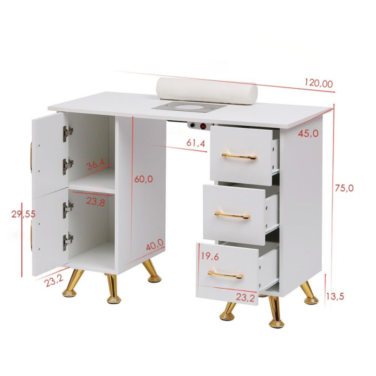 Mesa de manicure profissional 120 cm branco e dourado com aspirador de pó para unhas