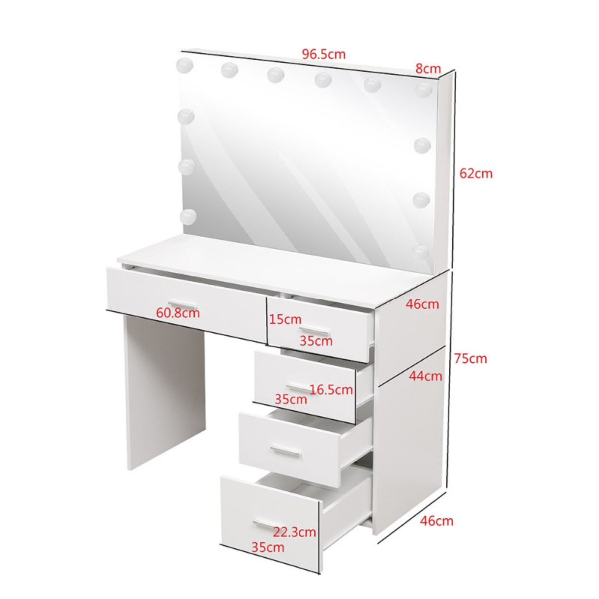 Toucador de Maquilhagem Hollywood 96,5 cm com Espelho LED Regulável e 5 Gavetas – Branco