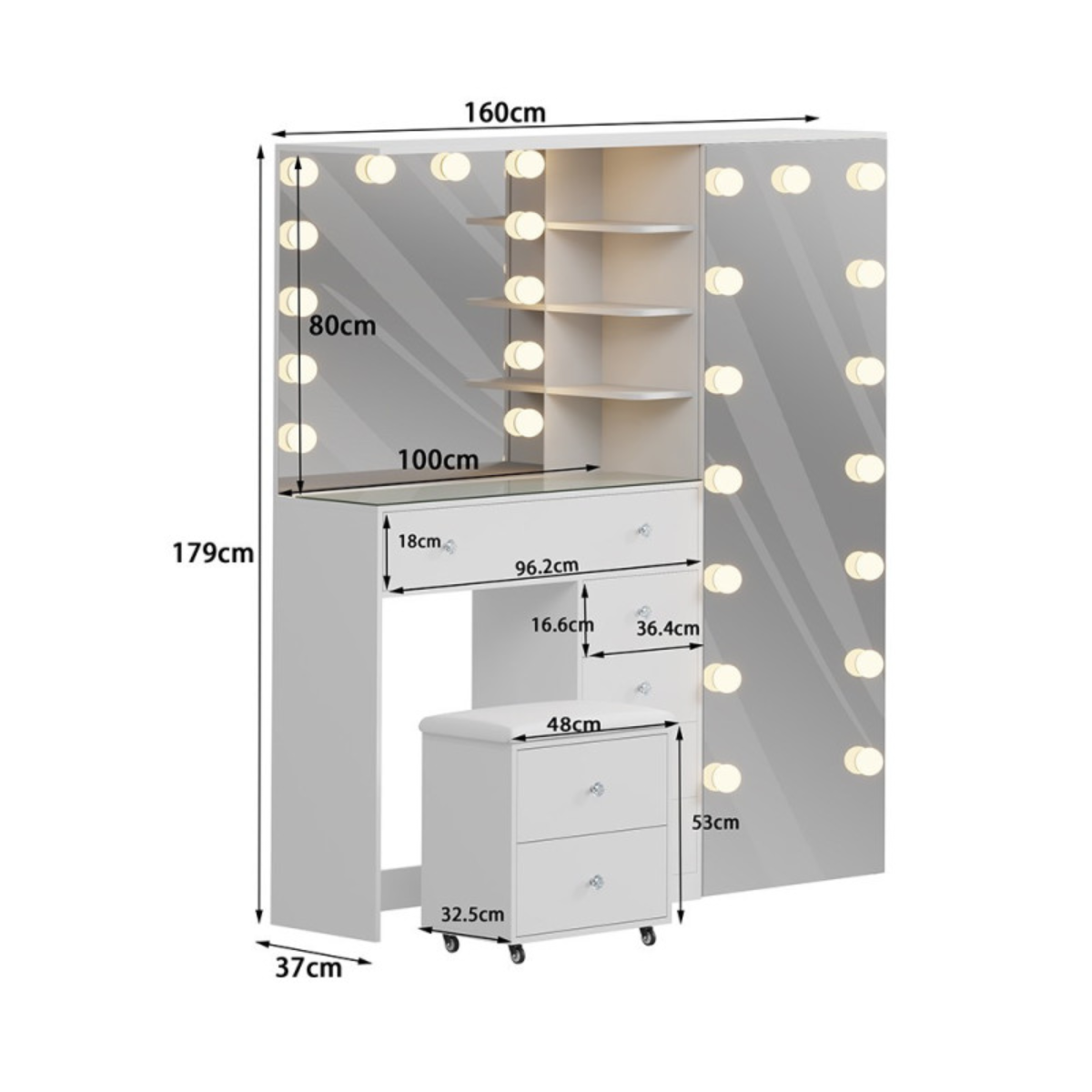 Toucador Hollywood branco 160 cm com espelho LED de corpo inteiro, 7 gavetas e banco com rodas
