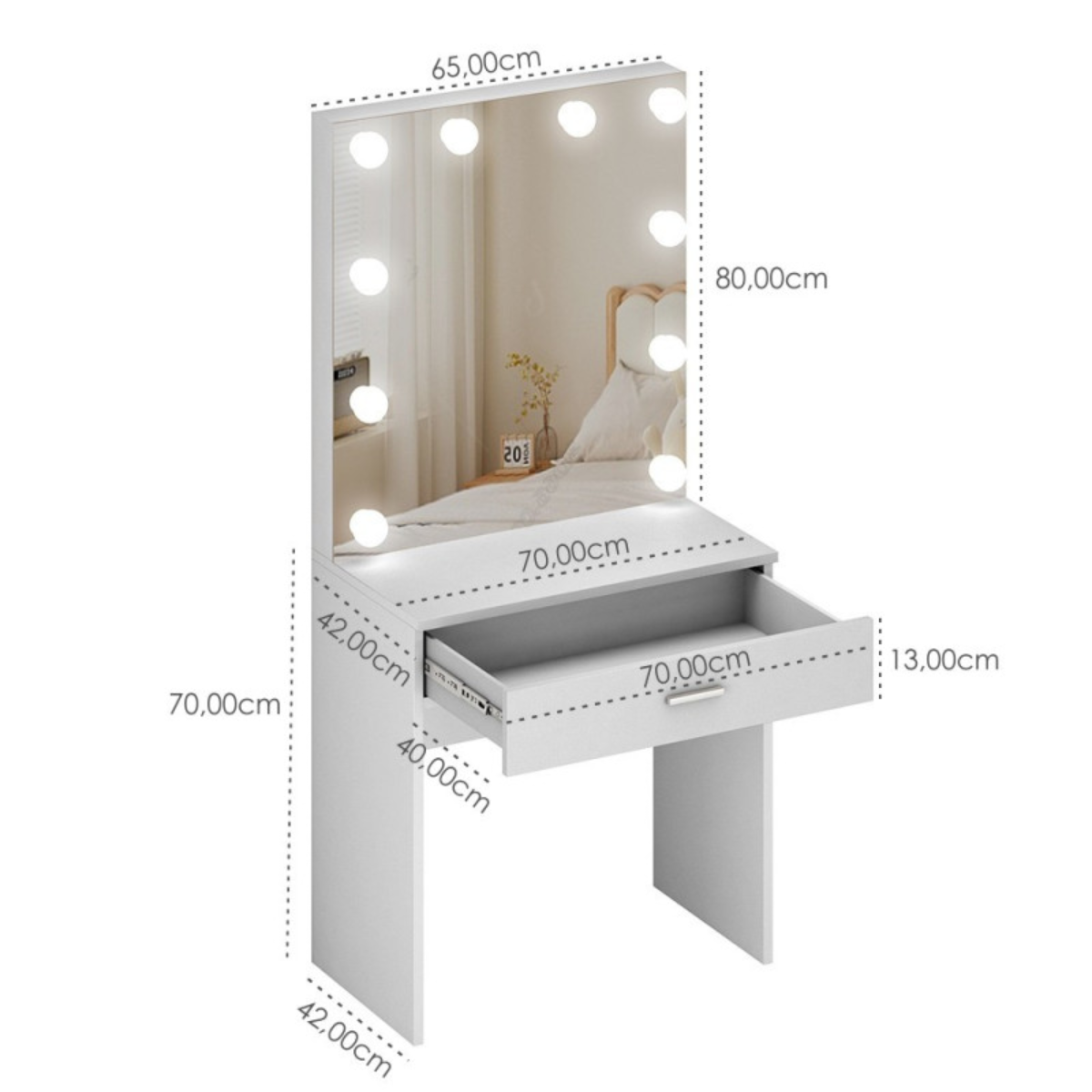 Toucador compacto branco 70 cm com luzes LED estilo Hollywood e 1 gaveta