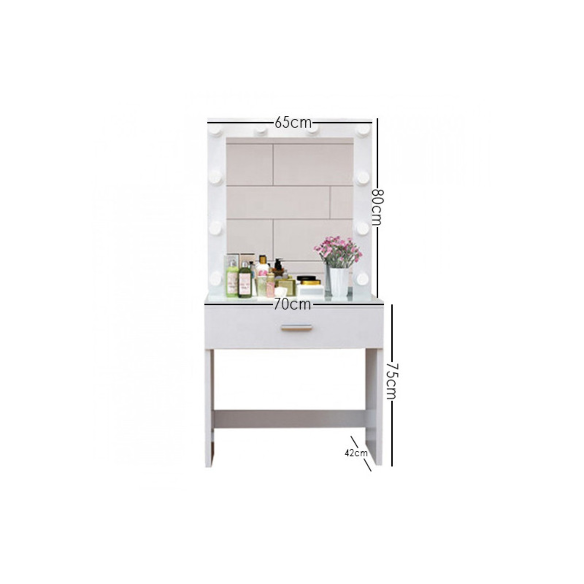 Toucador de maquilhagem Hollywood 70 cm com espelho LED e gaveta espaçosa, design moderno
