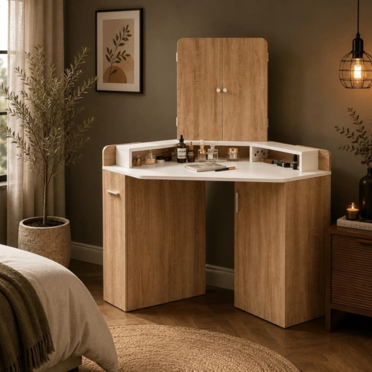 Toucador de canto com espelho tríptico, penteadeira branco natural para quarto e salão