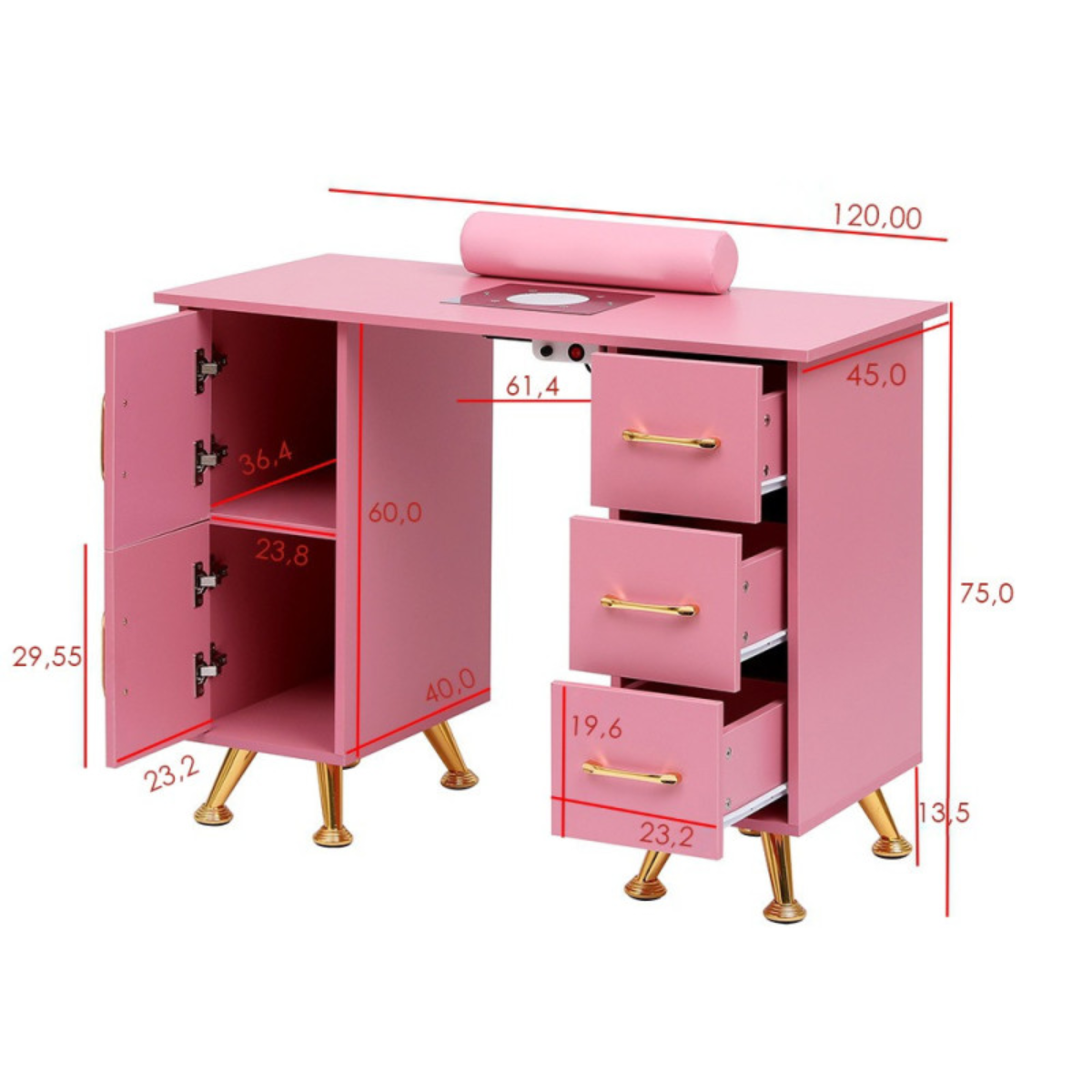 Mesa de manicure profissional 120 cm rosa e dourado com aspirador de pó para unhas