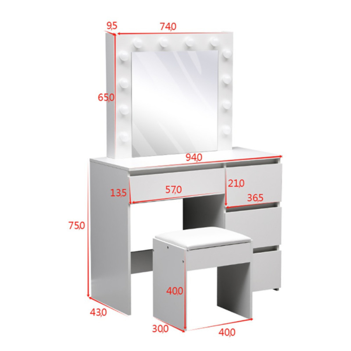 Toucador de Maquilhagem Hollywood 94 cm com Espelho LED Embutido e 4 Gavetas – Branco