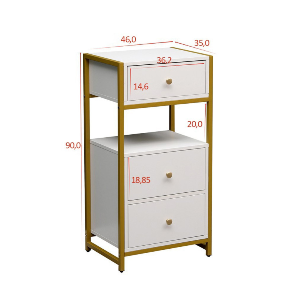Mesa auxiliar organizadora branco e dourado com 3 gavetas para quarto, casa de banho e salão