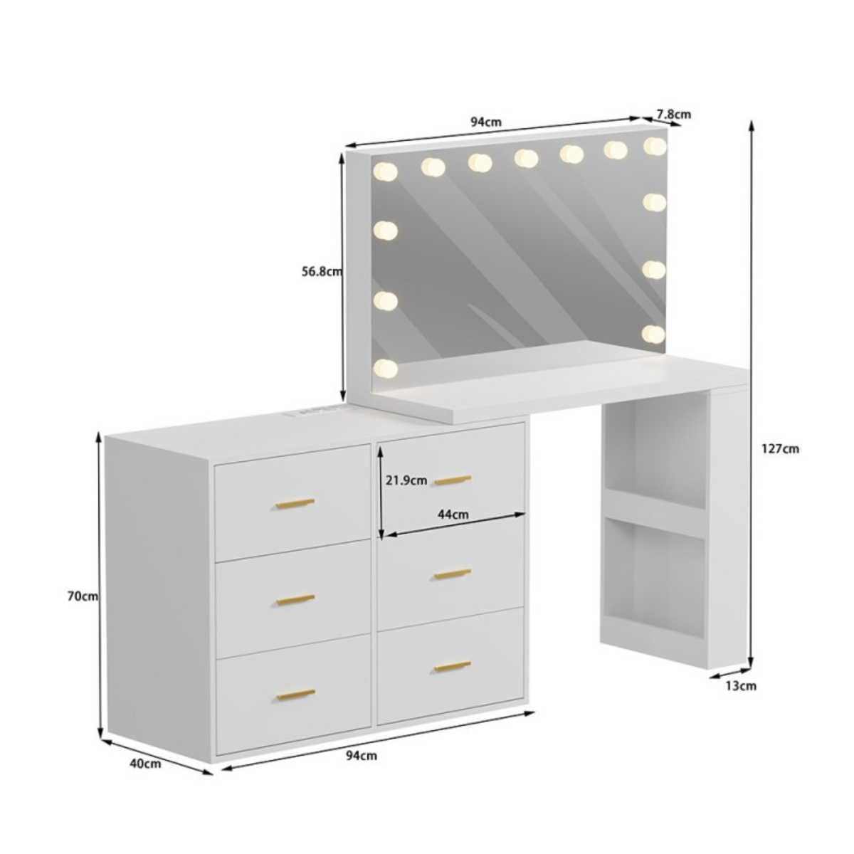 Conjunto de maquilhagem XL branco com espelho LED Hollywood e gavetas iluminadas